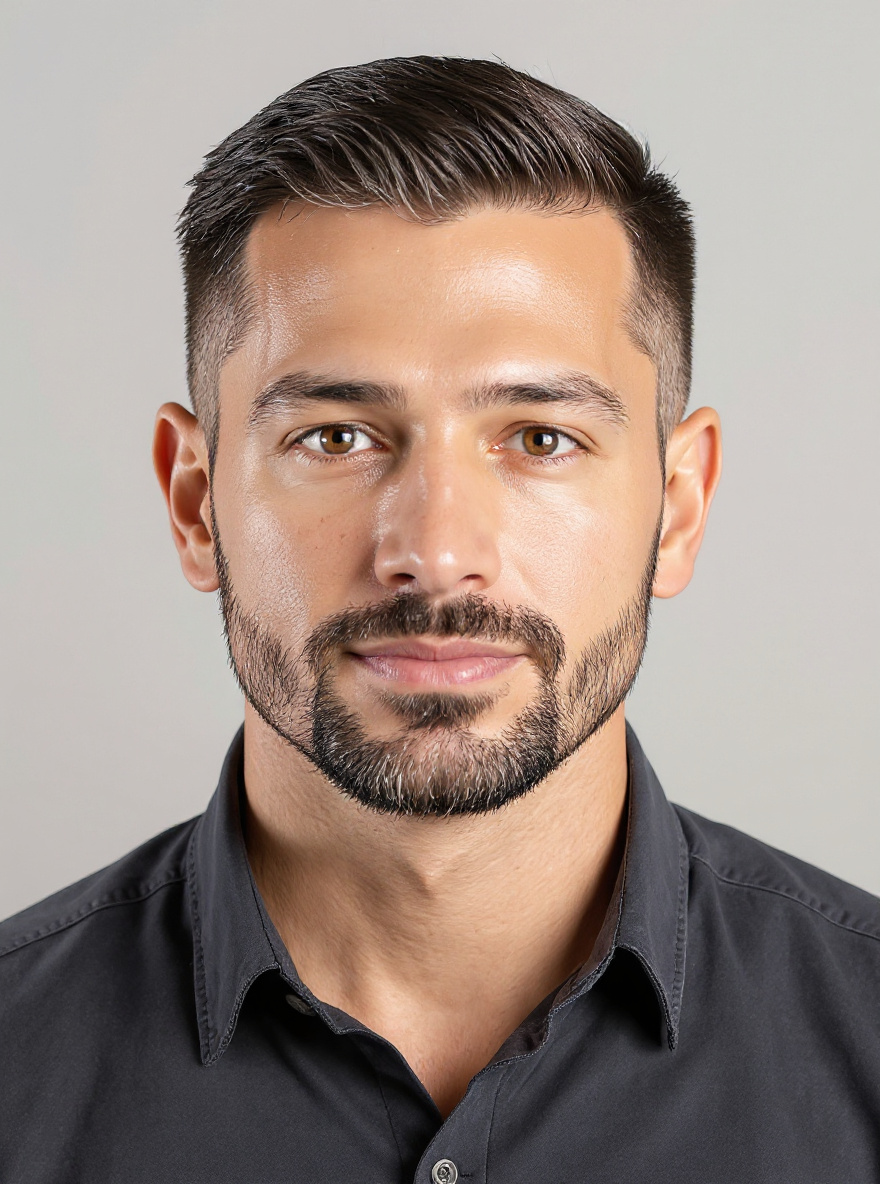 After/projection photo — same synthetic identity, clearly different haircut and grooming, case 2 (male)