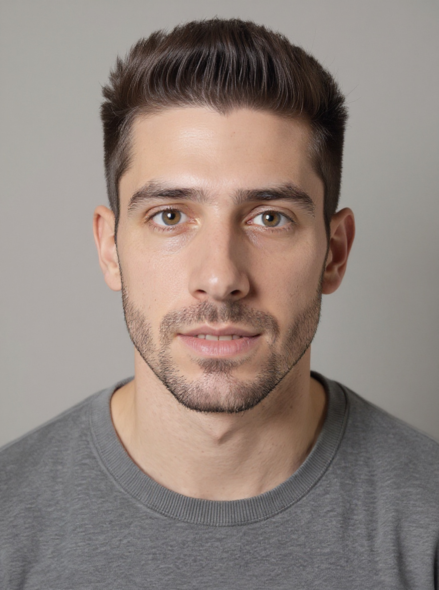 After/projection photo — same synthetic identity, clearly different hairstyle/grooming, grid case 2