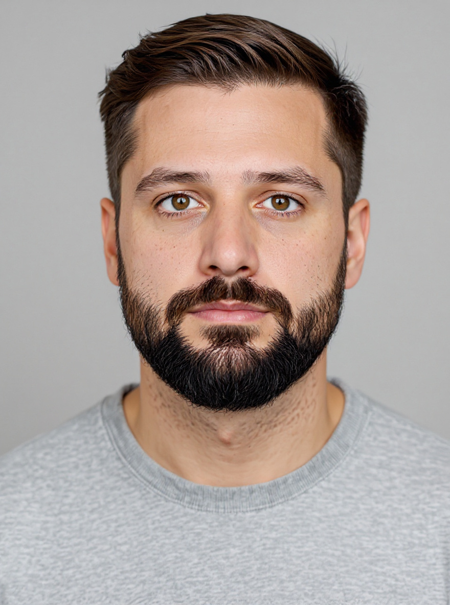 After/projection photo — same synthetic identity, clearly different hairstyle/grooming, grid case 6